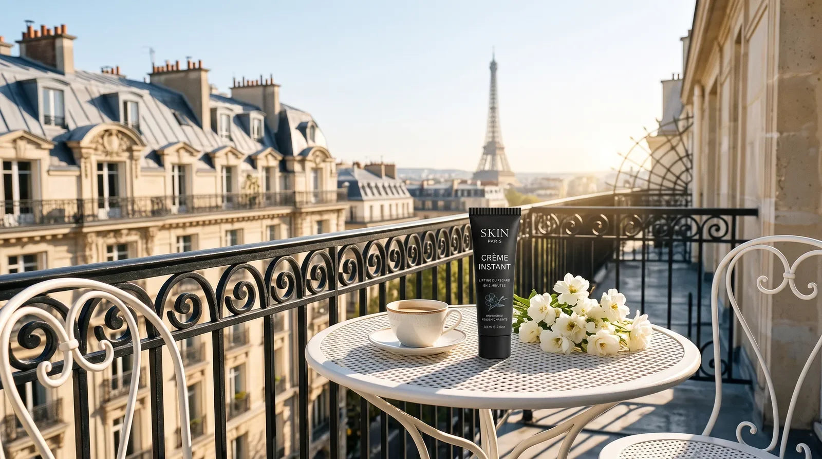Le tube Crème Instant sur la table d’un balcon parisien un matin ensoleillé, la tour Eiffel au loin